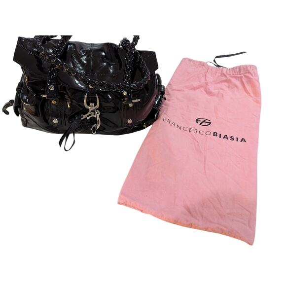 Francesco Biasia Patent Leather Top Shoulder Black Bag w/ Dustbag - Picture 2 of 15